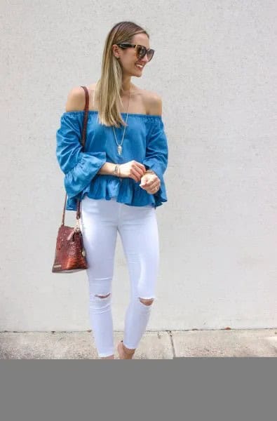 Denim Off The Shoulder Ruffle Top with White Ripped Skinny Jeans