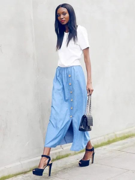 White T Shirt with Sky Blue Long Denim Skirt