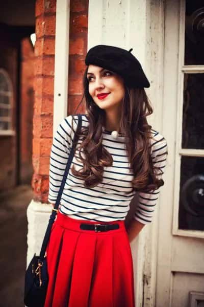 Black Hat with Long Sleeve Striped Tee and Red Pleaded Skirt