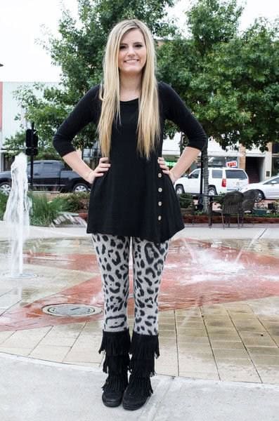 Black Peplum Top with Grey Leopard Print Sweater Leggings