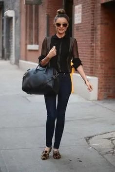 Black Blouse with Dark Grey Fitted Cardigan & Leopard Print Flats