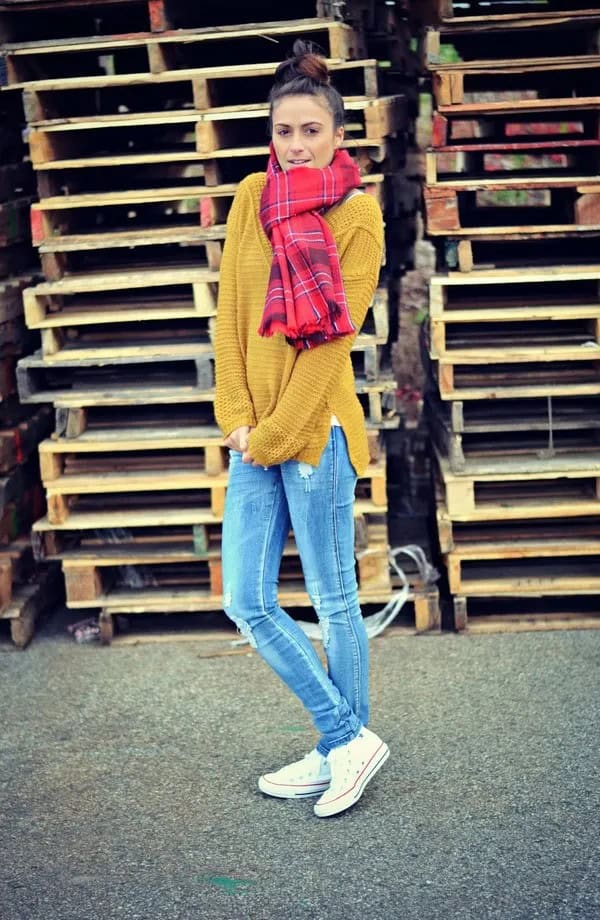 White Converse with Green Sweater & Red Plaid Scarf