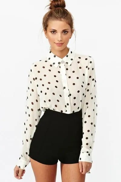 White and Black Polka Dot Shirt with High Rise Mini Shorts