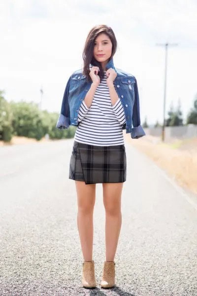 Grey Tartan Mini Skirt with Denim Jacket