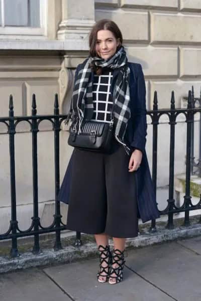 Navy Blue Longline Wool Coat with Black Midi Skirt