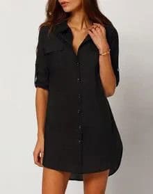 Black Half Sleeve Button Down Shirt Dress