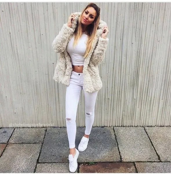 Fuzzy Faux Fur Jacket with White Ankle Jeans