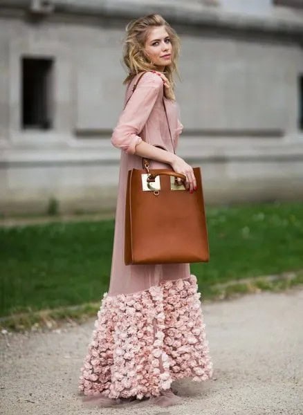 Blush Pink Maxi Floral Embroidered Chiffon Jacket with Brown Leather Shoulder Tote Bag