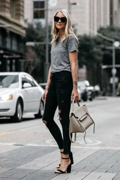 Wear with Heather Grey Tee & Black Ripped Skinny Jeans