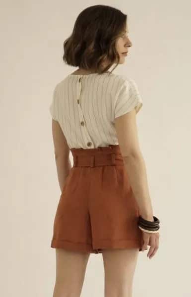 White and Grey Striped Shirt with Brown Vintage High Waisted Shorts