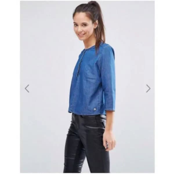 Chambray Grandad Collar Shirt with Black Leather Pants