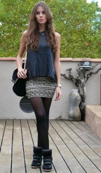 Grey Sleeveless Top with Tribal Printed Mini Skirt & Stockings