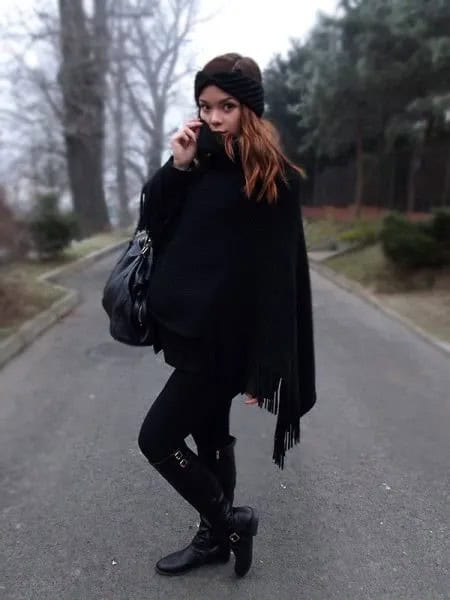 Black Fringe Poncho with Skinny Jeans & Boots