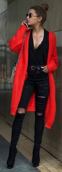 Red Midi Cardigan with Black Deep V Neck Blouse & Ripped Jeans