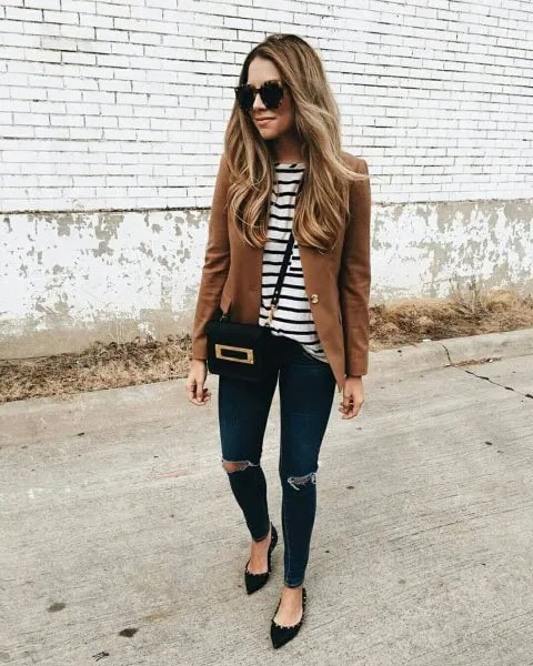 Brown Blazer with Black and White Striped Tee & Pointed Flats