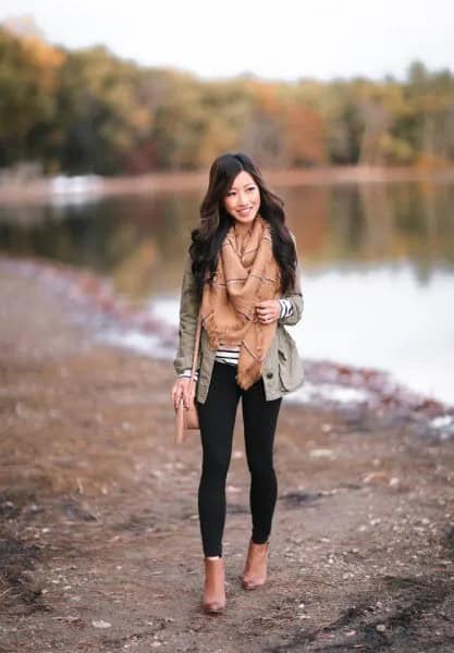 Grey Blazer with Crepe Fringe Scarf & Camel Leather Open Toe Fall Boots