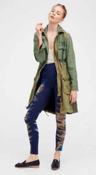 Grey Longline Military Jacket with Navy Printed Leggings & Loafers