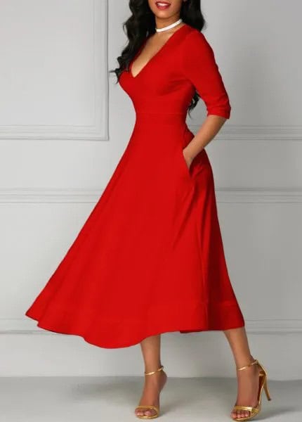 Red Half Sleeve V Neck Fit and Flare Midi Dress with Gold Heels