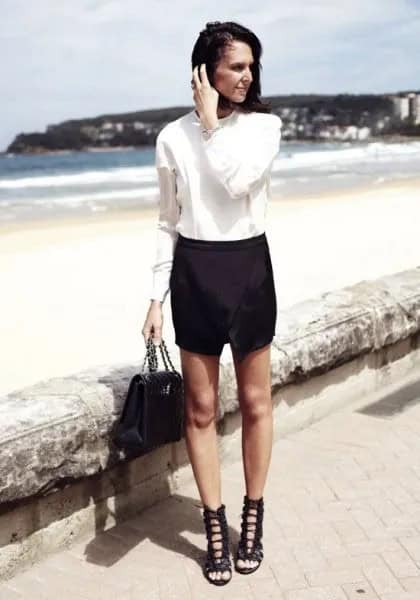 White Button Up Shirt with Skort & Black Lace Up Sandals