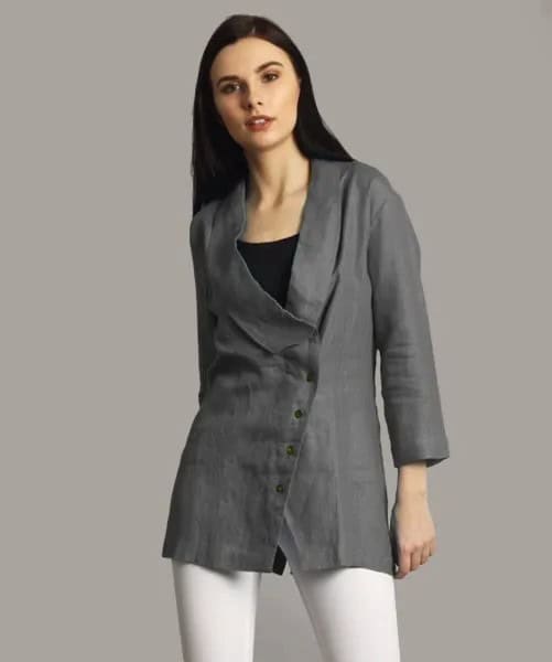 Grey Wrap Linen Long Jacket with White Skinny Jeans