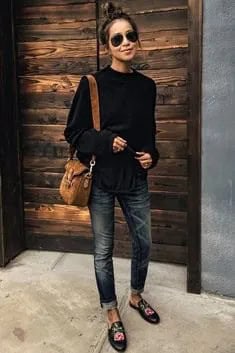 Black Crew Neck Sweater with Cuffed Skinny Jeans & Embroidered Loafers