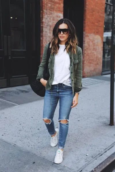 Olive Jacket with White Sweatshirt & Ripped Blue Jeans