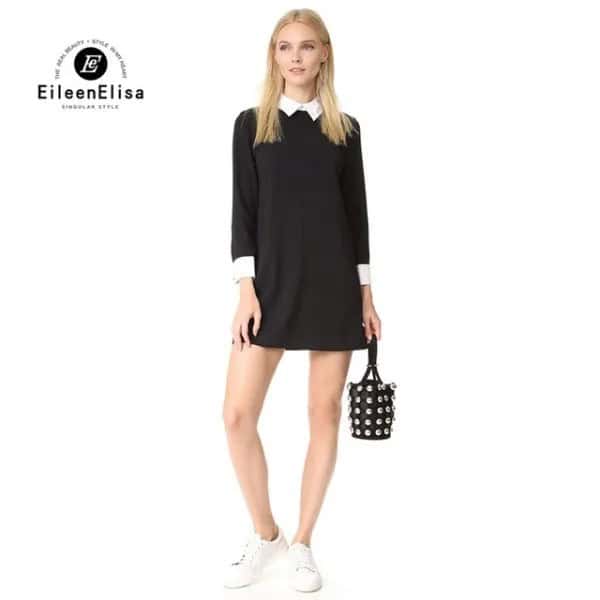 Black Back Zipper Mini Shift Dress with White Button Up Shirt