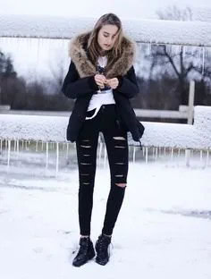 Faux Fur Collar Blazer with Ripped Jeans & Lace Up Boots