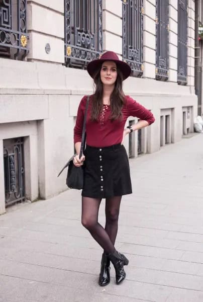 Black Button Down Mini Skirt with Burgundy Lace Up Shirt