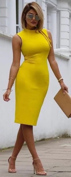 Mock Neck Sleeveless Bodycon Yellow Midi Dress with Mustard Clutch Bag