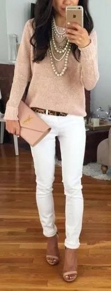 Rose Gold Long Sleeve Top with White Skinny Jeans