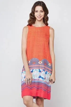 Orange Tribal Printed Sleeveless Knee Length Shift Dress