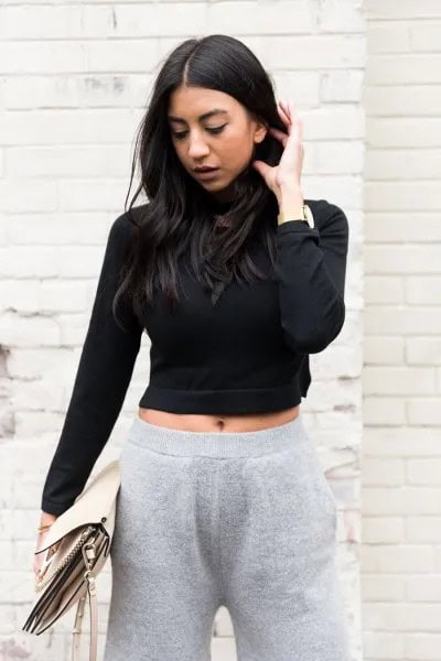 Black Cropped Turtleneck Sweater with Grey Wide Leg Knit Pants