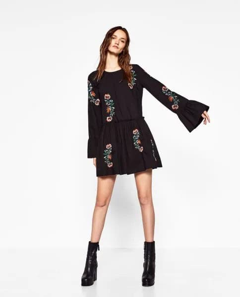 Black Bell Sleeve Floral Embroidered Skater Mini Dress