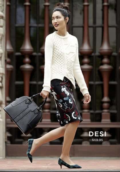 Wear with White Cable Knit Sweater & Black Floral Knee Length Skirt