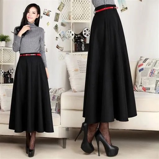 Grey Mock Neck Form Fitting Sweater with Black Maxi Flared Skirt