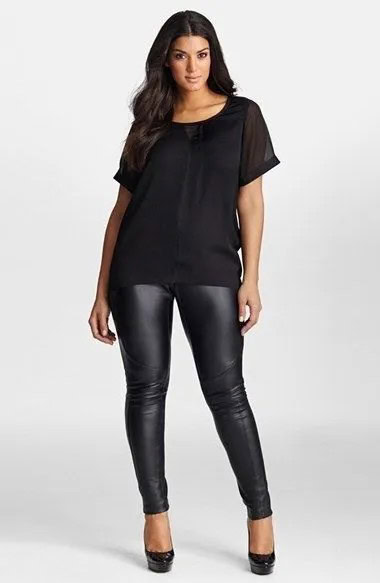 Black Chiffon Scoop Neck T Shirt with Leather Leggings