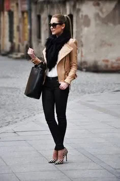 Tank Leather Jacket with Black Faux Fur Scarf