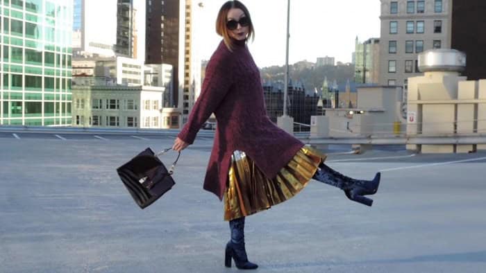 Gold Pleated Metallic Skirt with Black Over The Knee Velvet Boots