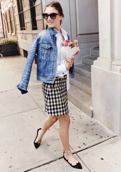 Black and White Plaid Pencil Skirt with Denim Jacket