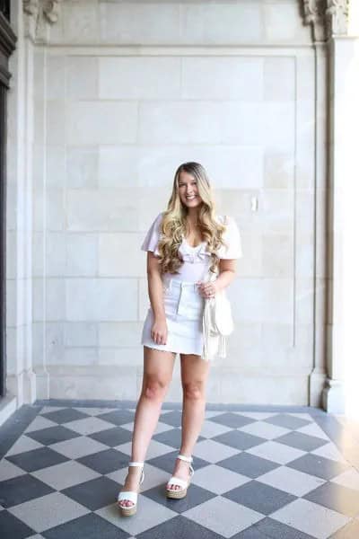 White T Shirt with Mini Skirt & Heeled Sandals