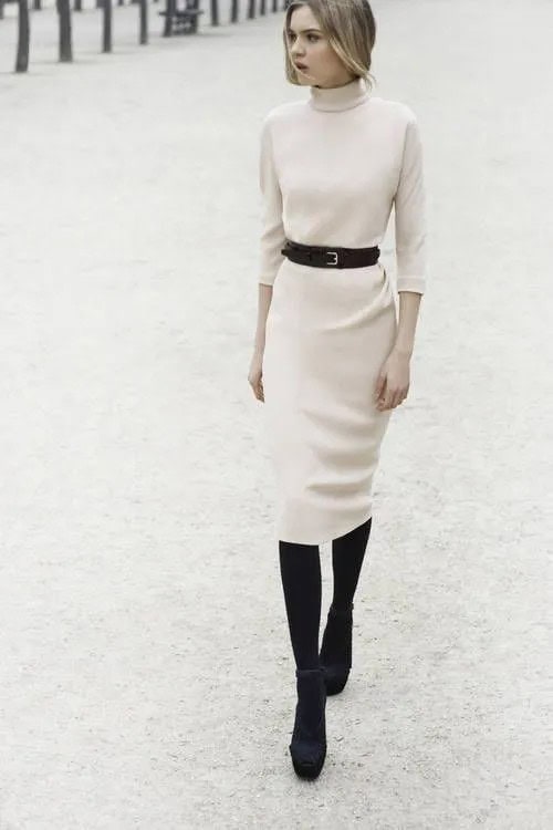 Belted in White Turtleneck Dress