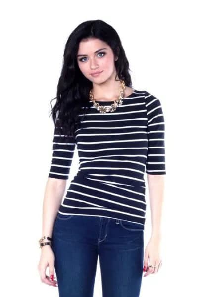 Black Half Sleeve Striped Boat Neck Top with Dark Blue Skinny Jeans