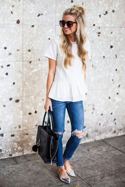 White Peplum Blouse with Ripped Jeans & Silver Metallic Pointed Flats