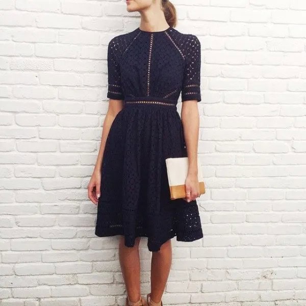 Dark Navy Half Sleeve Fit and Flare Knee Length Dress