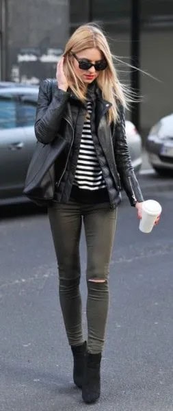 Black Short Boots with Leather Jacket & Grey Skinny Jeans