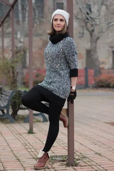 Black and Heather Grey Color Block Turtleneck Mini Knitted Dress