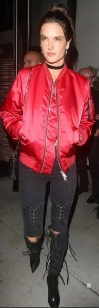 Red Bomber Jacket with Black Ripped Knee Length Shorts