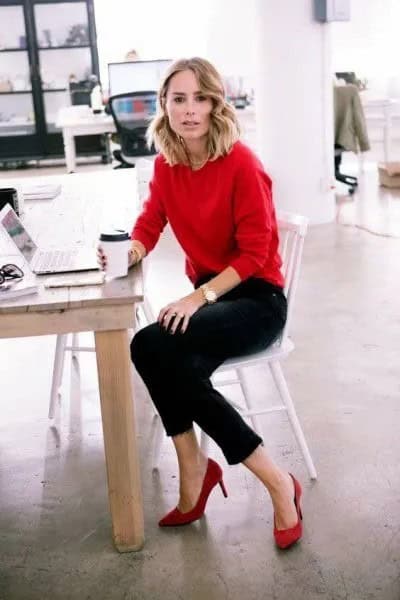 Red Jumper with Black Cropped Slim Fit Jeans & Ballet Heels