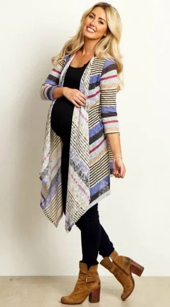 Blue, White and Red Printed Long Maternity Cardigan with Black Vest Top